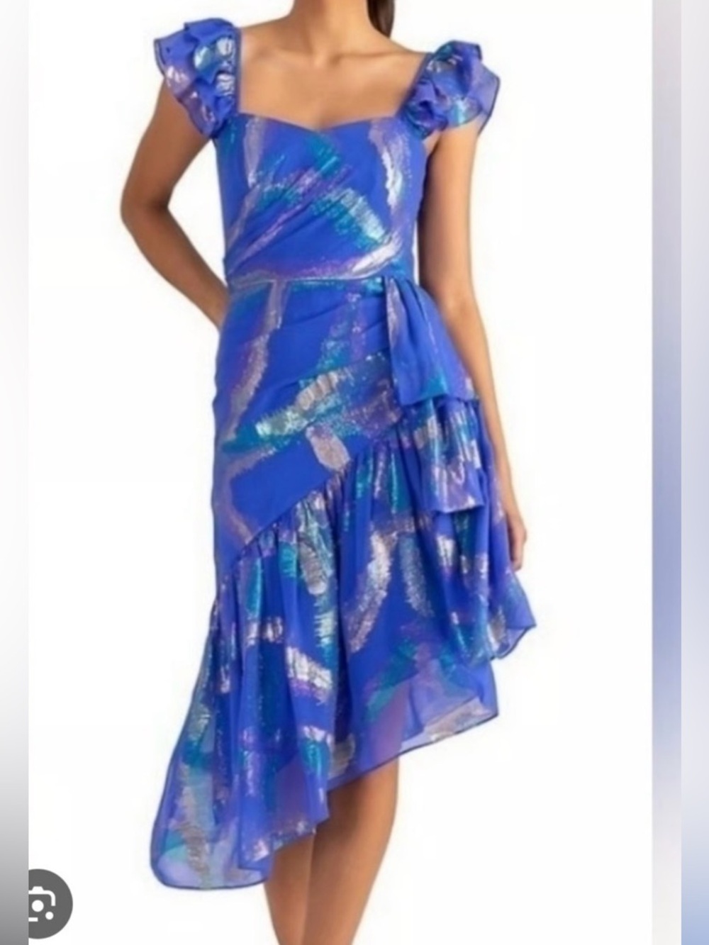 Shoshanna Midnight Iridescent Blue Asymmetric Ruffled Neva Dress 6